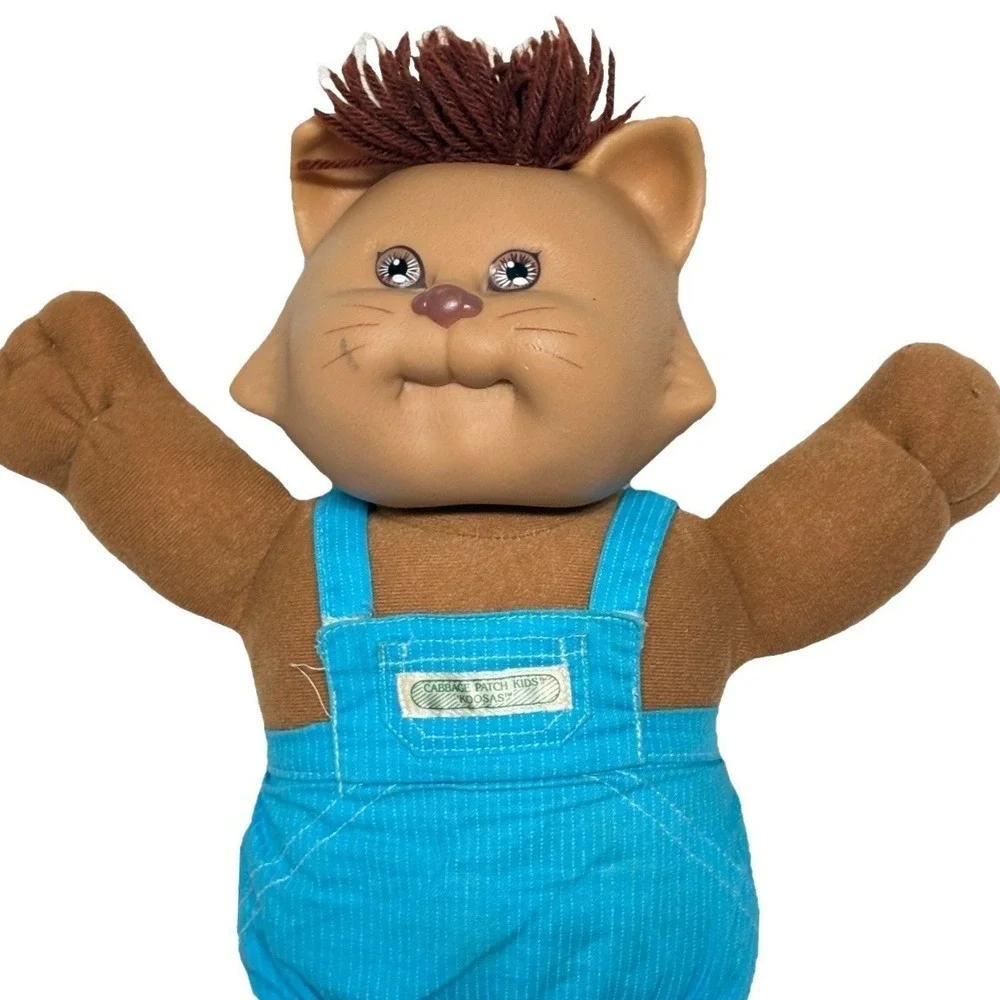 Vintage 1984 Cabbage Patch Kids Koosas Cat Plush Coleco Brown Blue Overalls 12in
